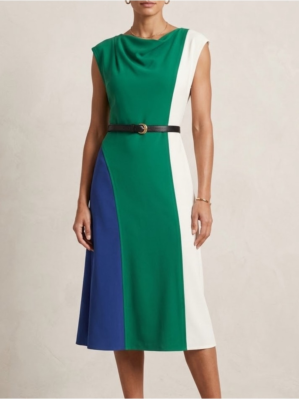 Donna Karan New York NWT Colorblock Midi Dress Green Blue White Belted Size 10